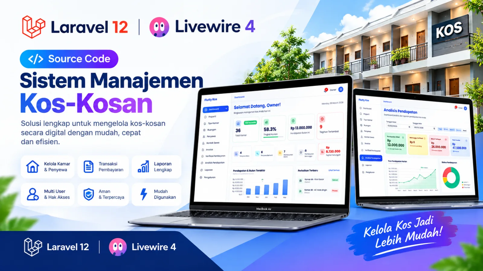 Source Code Aplikasi Manajemen Kos-Kosan Full Fitur — Laravel 12 + Livewire 4