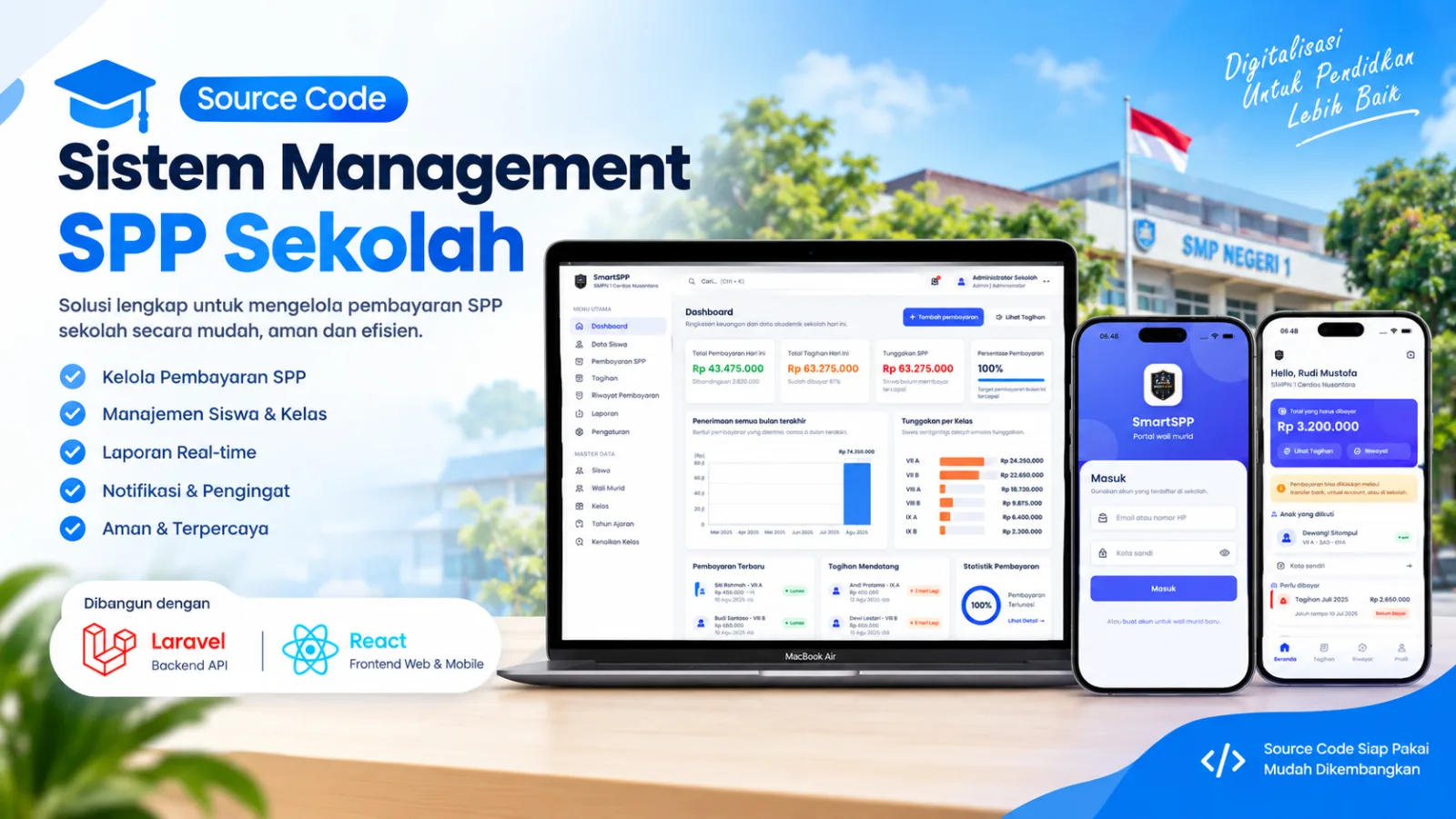 SmartSPP — Sistem Management SPP Sekolah | Laravel 13 + React 19 + Payment Gateway | Web + Flutter