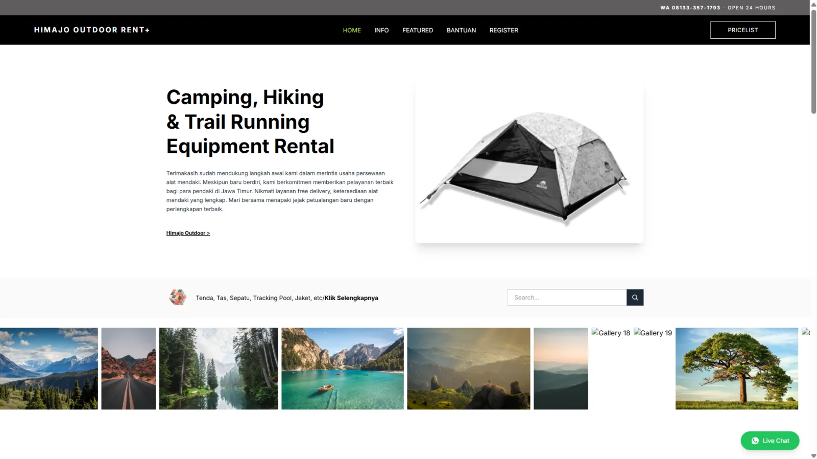 Website Himajo Outdoor Rent+ (Penyewaan Alat mendaki dan outdoor)